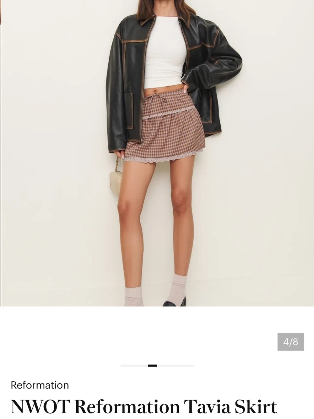 Reformation Brown Gingham Lace-Trim Mini Skirt - Picture 3 of 4